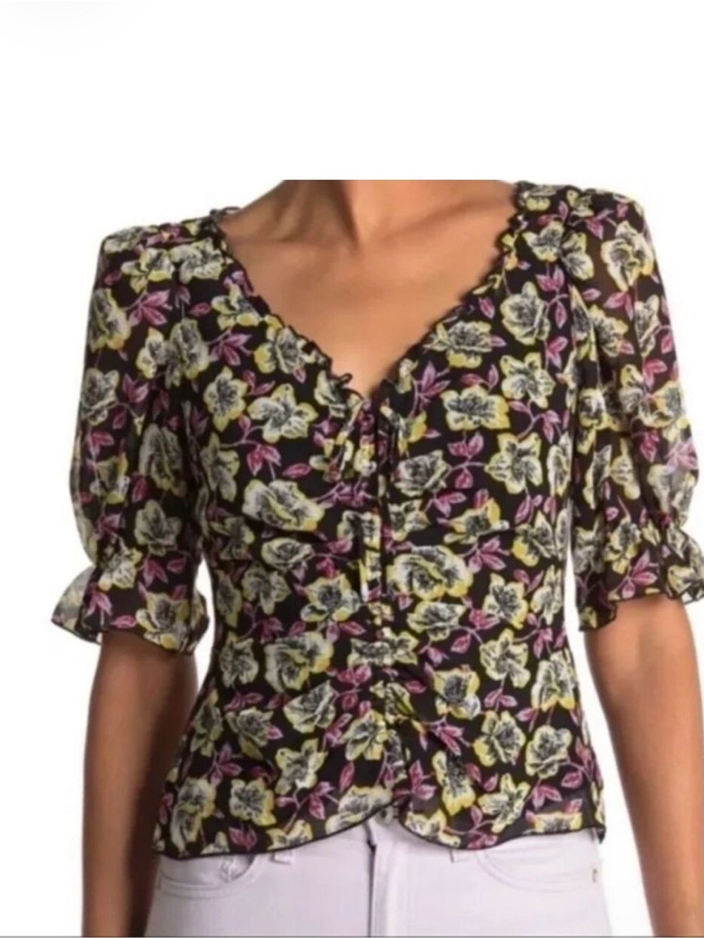 Floral V-Neck Puff Sleeve Top - Black with Yellow & Pink